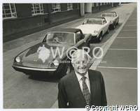 Photo of Donald Healey with Jensen Healeys at the West Bromwich production site